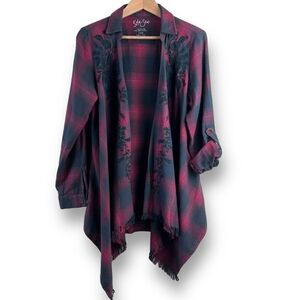 Kyla Seo Women's L Open Front Plaid Poncho Red Blue Embroidered Fringe Lagenlook